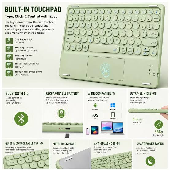 AIGO T100 Bluetooth Keyboard with Touchpad – Rechargeable Wireless Keyboard  for Windows, Android, iPad & iPhone (Green) | HardwareMarket