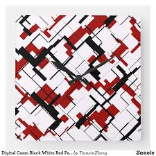 Black And White Camouflage Pattern Digital Camo Black White Red Pattern Square Wall Clock Zazzle Com In 2020 Square Wall Clock Red Pattern Black White Red