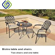 The curved chair backrest is ergonomically designed to make you feel comfortable, and most importantly the curved shape fits perfectly with the edge of the table so the 2 chairs and the table can be integrated when not in use to save space. China 3 Piece Cast Aluminum Bistro Set Outdoor Garden Table And Chairs In White Photos Pictures Made In China Com
