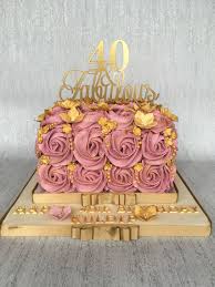 40th Birthday Cake For Her 40th Birthday Cake Deep Pink Buttercream Rose Swirls With Gold Decorations 40th Birthday Cakes 40th Birthday Cake For Women Birthday Cakes For Women