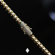 Solid 14k Yellow Gold 5mm Franco Chain With Custom Fully Iced Out Clasp With White Diamonds Custom Gold Chains For Men Gold Necklace For Men Gold Chain Design