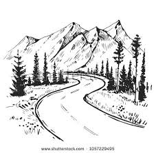 Black And White Road Drawing Sketch Of A Landscape With A Road And Mountains Hand Drawn Illustration Converted To Vector Mountain Drawing Landscape Pencil Drawings Road Drawing