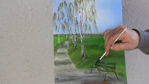 Malkurs Online Fruhlingsbild Birkenweg Mit Bank Fruhling Bilder Fruhlingsbilder Acryl Malen