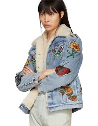 Gucci Blue Shearling L Aveugle Par Amour Denim Jacket Vergle Denim Jacket Jackets Black Pleated Dress