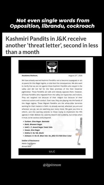 A fresh threat letter targeting Kashmiri Pandits in Jammu and Kashmir has  triggered serious security concerns after terrorists allegedly published  highly specific personal information of members of the community, including  their residential
