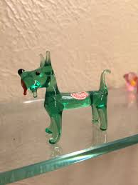 Glass Animal Green Scotty Dog With Red Ball Label Vintage Glass Animals Glass Figurines Vintage Miniatures