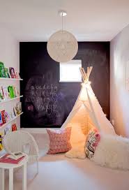 White Wall Paint With Chalkboard Decoration Open Shelves In White Rattan Chair In White Small White Table Cool Tent I Childrens Bedrooms Kids Bedroom Girl Room