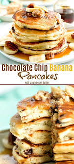 Chocolate Chip Banana Pancakes Are Light Fluffy And Loaded With Mashed Ripe Bananas And Lots Pancake Recipe Easy Banana Chocolate Chip Pancakes Banana Recipes