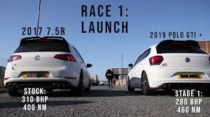 It does suffer from body lean in bends and the steering is. Vw Golf R Vs Polo Gti Stage 1 Drag Rolling Race Youtube