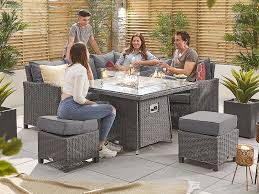 We offer the largest selection of garden furniture on display anywhere in the uk and boast the largest range of stock of outdoor garden furniture including loungers, gazebos, garden table and chairs. Nova Outdoor Living Heritage Ciara Compact Corner Dining Set With Fire Pit Table Corner Sofa Set At Gardenman