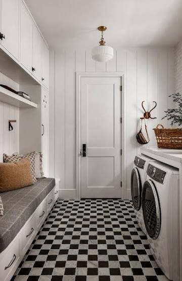 Laundry Room with Black and White Marble Checkered Floor Tiles - Cottage - Laundry  Room
