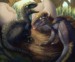 151687 - safe, artist:ravuki, oc, oc only, oc:allo (ravuki), oc:fang  (theycalmehavoc), allosaurus, dinosaur, fictional species, indoraptor,  raptor, reptile, theropod, feral, claws, duo, eggshell, female, green eyes,  hatching, male, reptile feet, scales ...