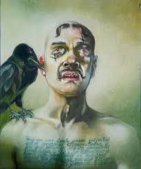 My photo taken earlier today as one of peeling paint and two animal faces  by forced pareidolia. However, someone has since privately told me that it  is a painted seascape! I had