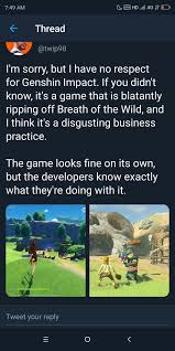 Zealousfox On Twitter Genshin Impact Is Not A Blatant Breath Of The Wild Rip Off Just Because A Game Has Similar Esthetics Does Not Mean Jack While I Can T Go Into The Specifics