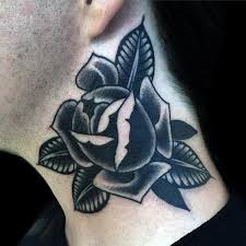 Black And Grey Shaded Rose With Leaves Tattoo Mens Neck Traditional Tattoo Neck American Traditional Tattoo Traditional Tattoo Man