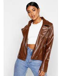 Brown Faux Leather Zip Biker Jacket For Women Get Custom Leather Jackets Leather Jackets Women Leather Jacket Jackets For Women