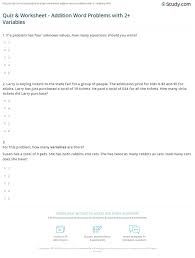 Click show answer underneath the problem to see the answer. Quiz Worksheet Addition Word Problems With 2 Variables Study Com