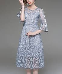 Kaimilan Blue Gray Sheer Floral Lace Midi Dress Women