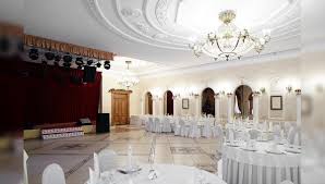 Catering table set service with silverware and glass stemware at restaurant before party. Allez Wedding Hall Decoration Luxury Line