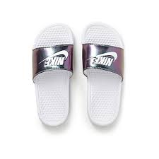 Black And White Nike Slides Womens Nike Benassi Metallic Slides 24 Liked On Polyvore Featuring Shoes Rubber Shoes Nike Strappy Shoes N Trending Shoes Nike Slippers Trending Womens Shoes