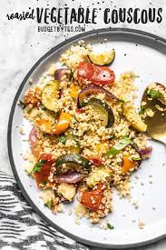 Roasted Vegetable Couscous Is An Easy Side Dish With Complex Flavor With Sweet Roasted Vegetabl Vegetable Couscous Roasted Vegetable Couscous Couscous Recipes