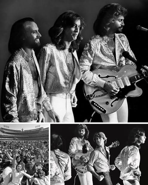 JULY 11: The Bee Gees (L to R: Maurice Gibb, Andy Gibb, Robin Gibb, Barry Gibb) perform at the Oakland Coliseum on July 11, 1979 in Oakland, California