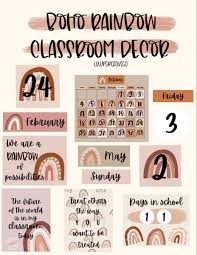 Boho Rainbow Classroom Decor Calendar Squares Days Of The Week Months Posters Days In School Name Tags Digital Download In 2021 Classroom Decor Preschool Classroom Decor Kindergarten Classroom Decor