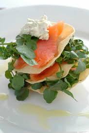 Smoked Salmon Watercress And Pappadum Stack With Lime Mascarpone Chef S Pencil Recipe Smoked Salmon Smoked Salmon Appetizer Clean Eating Snacks