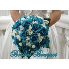Teal bridal bouquets, bridesmaids bouquets, teal tiger lily roses, real touch calla lilies, silk bridal bouquets, white roses. Bridal Bouquet Coastal Wedding Designs Fine Flowers Rental Cheap Wedding Flowers Pink Wedding Flowers Teal Wedding Flowers