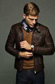 Another Simple But Sophisticated Look Brown Leather Jacket Caramel Zip Sweater And A Light Grey Chambray Mens Outfits Leather Jacket Men Best Leather Jackets