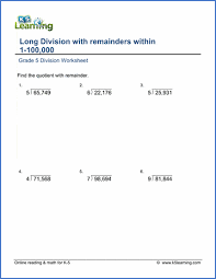 In math, long division is a method used for dividing large numbers into groups or parts. Grade 5 Long Division Worksheets 1 Digit Divisors K5 Learning