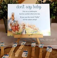 Peter Rabbit Themed Don T Say Baby Baby Shower Game With Clothespins Babyshower Peterrabbit Rabbit Themed Baby Shower Rabbit Baby Shower Bunny Baby Shower