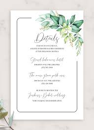 Browse through beautifully designed wedding invitations, save the dates, envelope liners & much more! Elegant Greenery Boho Wedding Details Card Wedding Details Card Wedding Invitation Card Design Wedding Card Design Indian