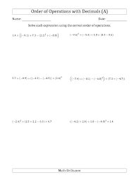 The Order Of Operations With Negative And Positive Decimals Five Steps A Math Worksheet From The Order O Free Math Worksheets Order Of Operations Free Math