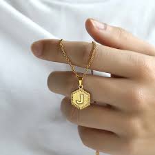 Textured Hexagon Initial Necklace Pendant For Women Men Stainless Steel Alphabet Letter Chain Chain Medallion Best Friend Gift Pendant Necklaces Aliexpress