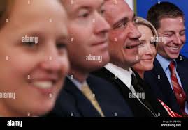 Incoming White House Press Secretary Dana Perino, second from right, is  seated with, from right to left: National Security spokesman Gordon  Johndroe; Deputy Press Secretary Tony Fratto; Deputy Press Secretary Scott  Stanzel;