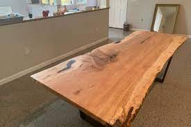 Raw edge spalted ambrosia silver maple wood cookie table, cake stand, tree slice table, tree slab table, primitive rustic table. Live Edge Maple Slab Table With Trapezoid Metal Legs Cannon Hill