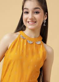 Designer Kurti Foil Print Polly Cotton in Mustard