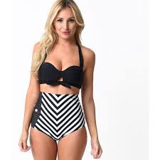 Black And White Striped Bathing Suit Bottoms Unique Vintage Black White Stripe Loretta High Waist Swim Bottoms 40 Black And White Bikini Vintage Bikini High Waisted Black High Waisted Bikini Bottoms