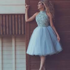 High Neck Blue Prom Dresses Short 2020 Lace Applique Beaded Cheap Homecoming Dresses Vestido De Graduation Prom Dresses Dresses Mini Prom Dresses