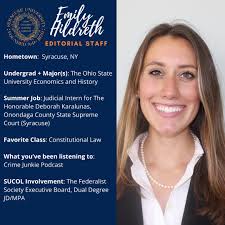 Happy #MemberMonday! Meet Emily Hildreth! • • • ⚖️ Year: 2L 🏠Hometown:  Syracuse, NY 🎓Undergrad + Major(s): The Ohio State University Economics  and History 🧑‍💻Summer Job: Judicial Intern for The Honorable Deborah