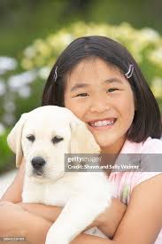 Girl Holding Yellow Labrador Retriever Smiling Portrait High-Res Stock  Photo