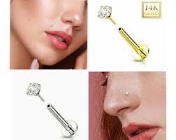 14K Gold Threadless Push-in Labret 18 GAUGE, Flat Back Studs With Prong Set  CZ Top for Cartilage, Monroe, Nose Stud