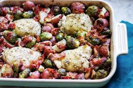 Ranch Baked Chicken Thighs With Bacon Brussels Sprouts And Potatoes Recipe Fab Everyday Recipe Chicken Main Dish Recipes Pan Chicken Recipes Chicken Main Dishes