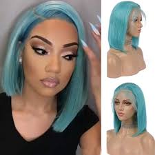 12” SHORT BLUE BOB HUMAN HAIR STRAIGHT LACE-FRONT