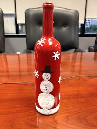 Wine Bottle Sprayed Bottle Red Hand Painted Snowman With Acrylic Paint Mixed With Snow Wine Bottle Crafts Christmas Wine Bottle Crafts Christmas Wine Bottles