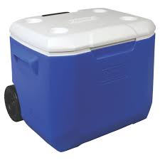 Steel frame, steel based rubber coated wheels. 60 Quart Performance Wheeled Cooler Coleman