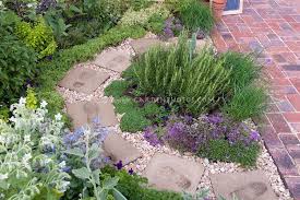 Herbs In Semi Circle Note The Foot Printed Stepping Stones Patio Herb Garden Herb Garden Herb Garden Design