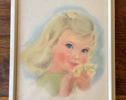 Frances Hook original print of little girl holding dandelion flowers, in  original frame van 1960