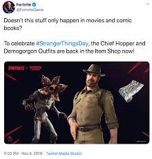 Maybe you would like to learn more about one of these? Doesn T This Stuff Only Happen In Movies And Comic Books To Celebrate Strangerthingsday The Chief Hopper And Demogorgon Outfits Are Back In The Item Shop Now Stranger Things Day Know